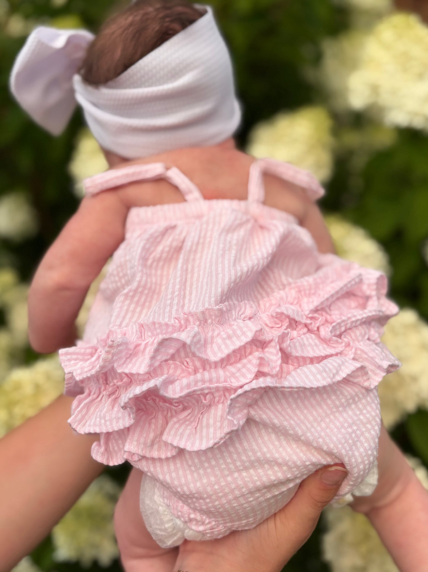 RuffleButts Seersucker Bow Bubble Romper
