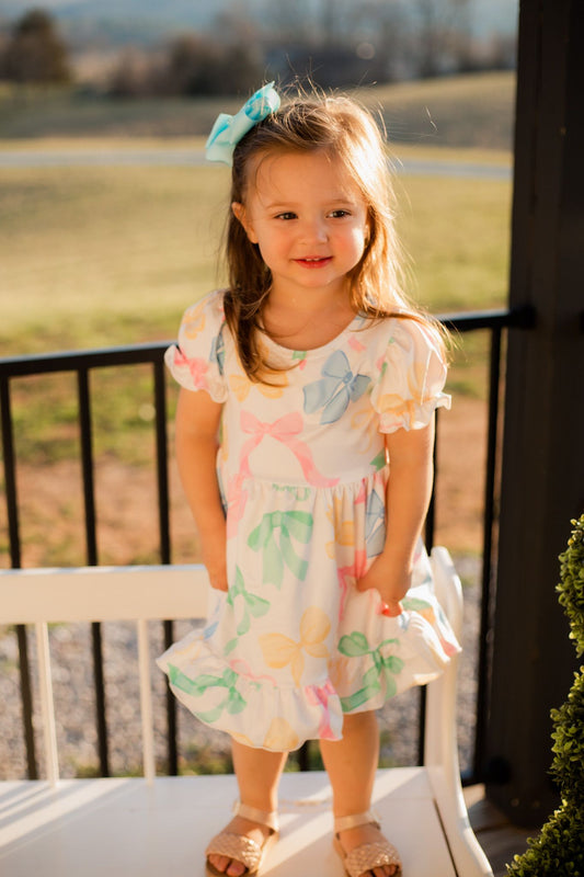 Pastel Bow Puff Sleeve Dress